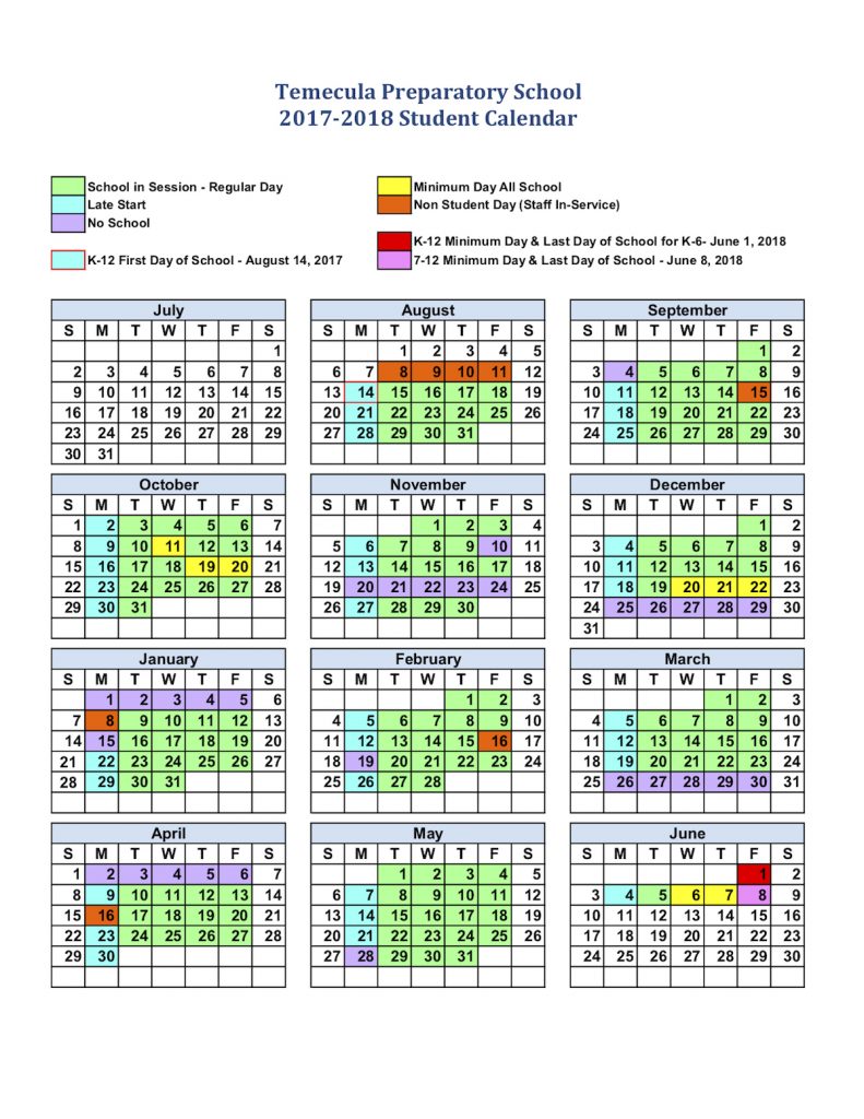 Annual Student Calendar Temecula Preparatory School